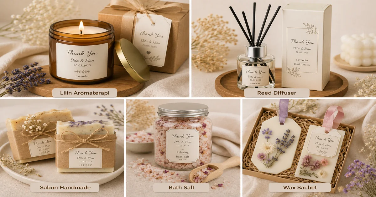 Inspirasi souvenir pernikahan berupa lilin aromaterapi, reed diffuser, sabun handmade, bath salt, dan wax sachet