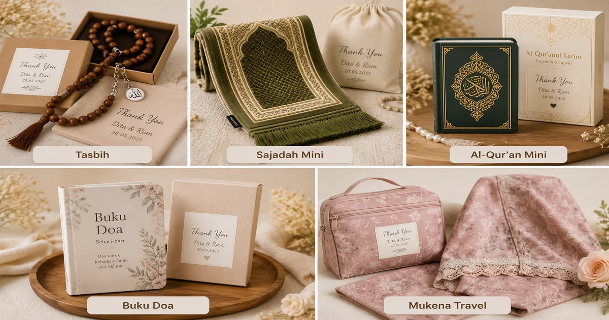 Inspirasi souvenir pernikahan berupa tasbih, sajadah mini, al-quran mini, buku doa, dan mukena travel