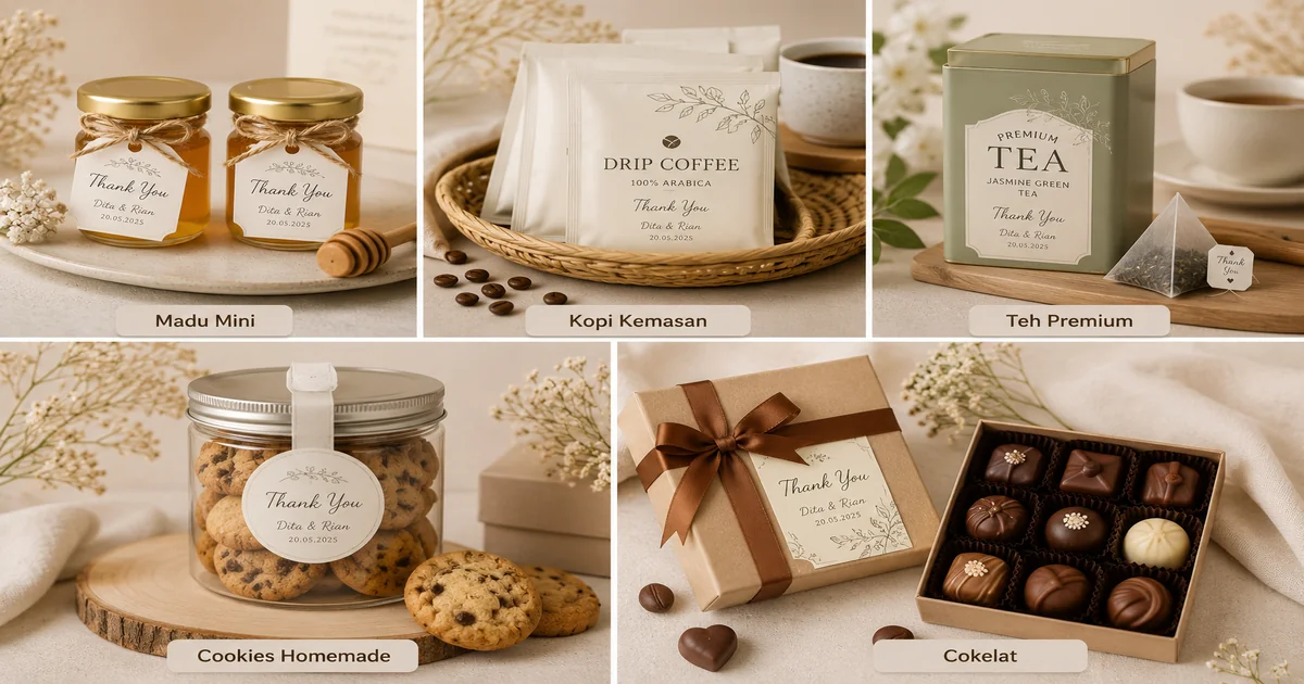 Inspirasi souvenir pernikahan berupa madu mini, kopi kemasan, teh premium, cookies homemade, dan cokelat