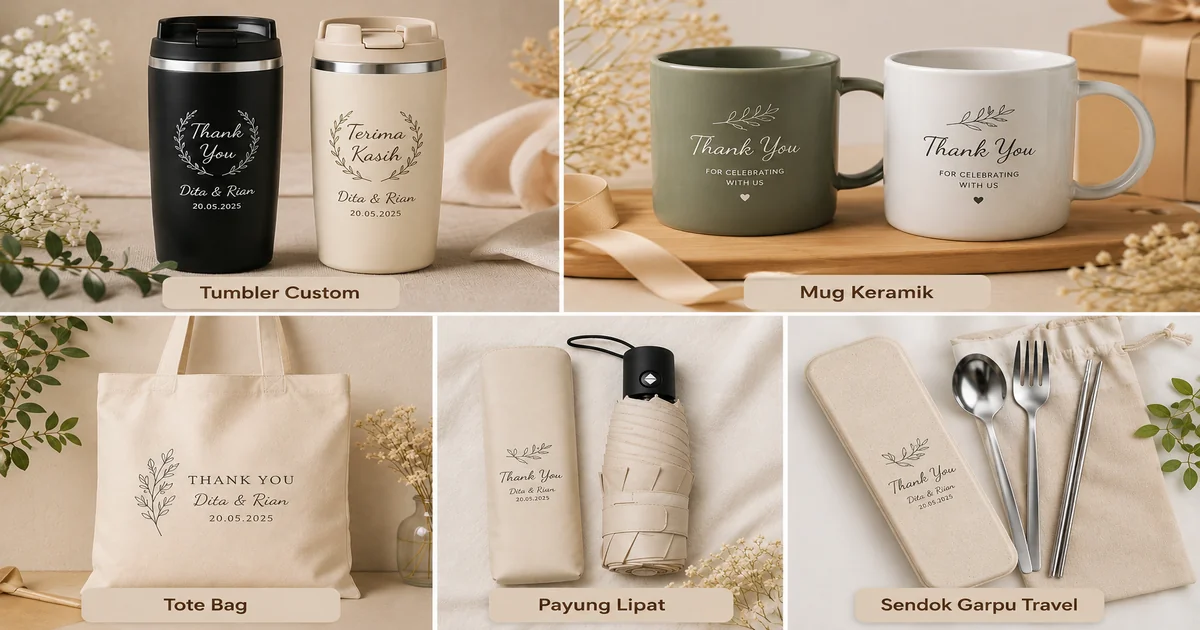 Inspirasi souvenir pernikahan berupa tumbler custom, mug keramik, tote bag, payung lipat, dan sendok garpu travel
