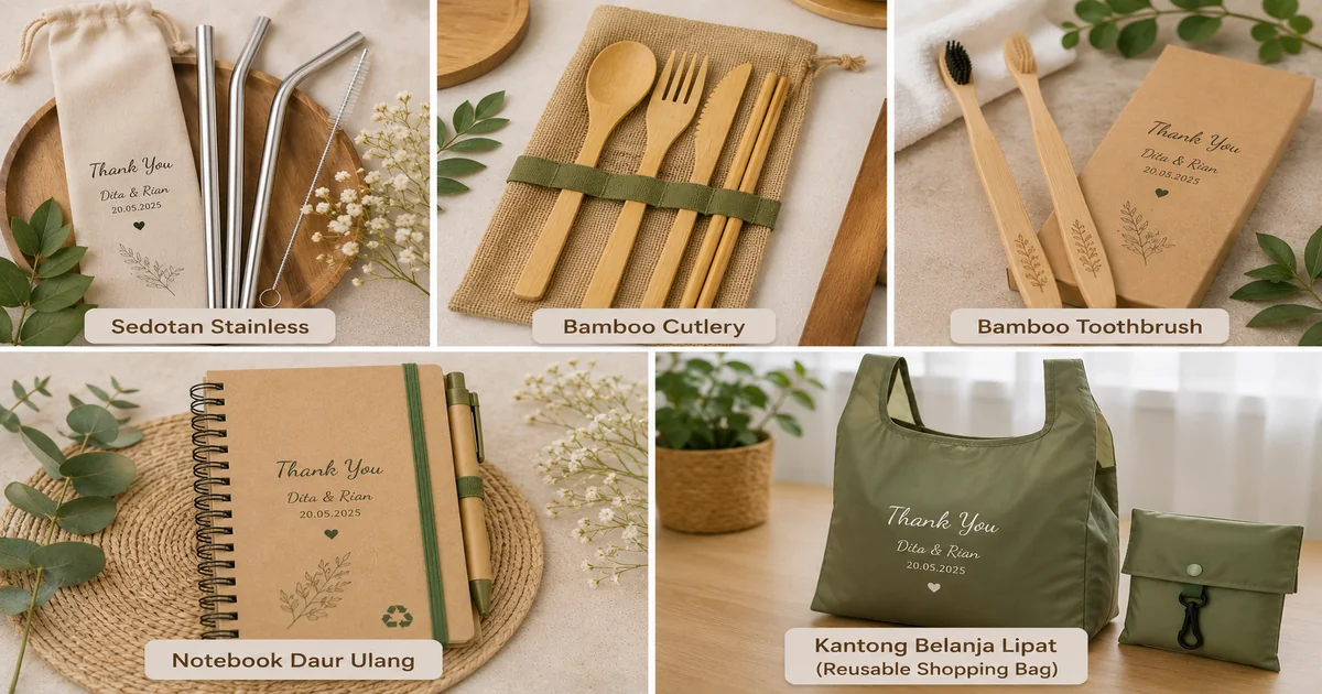 Inspirasi souvenir pernikahan berupa sedotan stainless, bamboo cutlery, bamboo toothbrush, notebook daur ulang, dan kantong belanja lipat (reusable shopping bag)