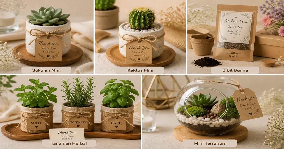 Inspirasi souvenir pernikahan berupa sukulen mini, kaktus mini, bibit bunga, tanaman herbal, dan mini terrarium